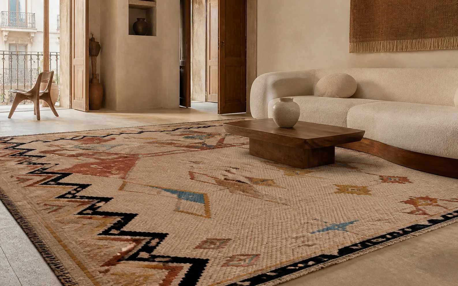 Grand tapis Aẓru en laine dans un salon contemporain algérien
