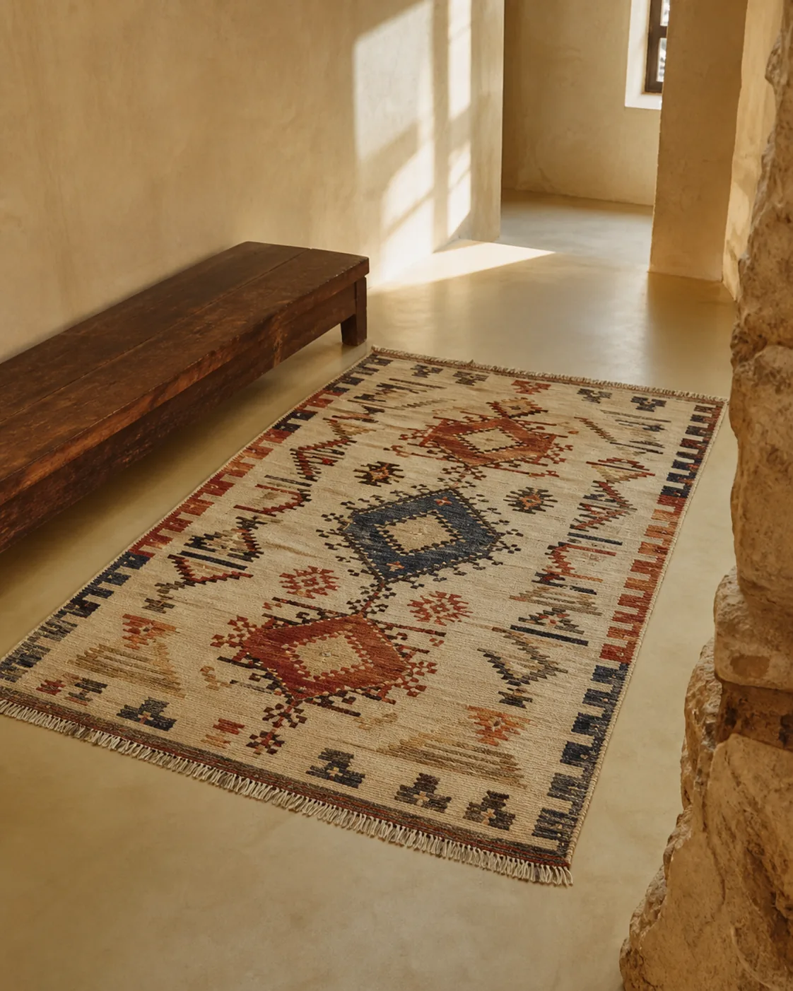 Tapis Tifawt aux motifs géométriques, posé dans un intérieur de terre claire